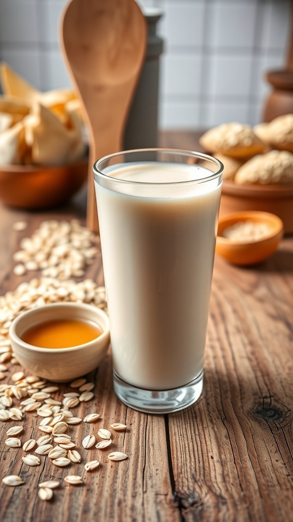 A glass of homemade oat milk on a wooden table with rolled oats and honey.